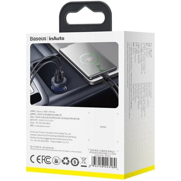 BASEUS car charger USB A + Type C s digitálnym displejom PD3.0 QC4.0 5A 65W CCKX-C0A/VCKX65C dark bl - Nabíjačky - Obrázok Z1T5000N01