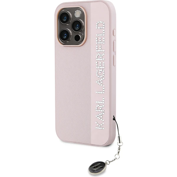 Karl Lagerfeld PU Saffiano Rhinestone Charm zadný kryt iPhone 15 Pro Max ružový - Puzdra - Obrázok Z4N5000J01