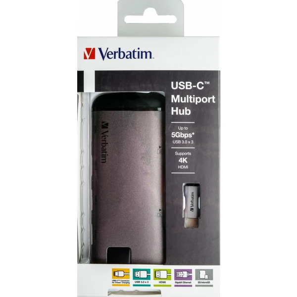 Verbatim USB-C Multiport HUB, 3x USB 3.0, 1x USB-C, HDMI, LAN, SD, microSD dokovacia stanica šedá - Dokovacie stanice - Obrázok ZBOR000301