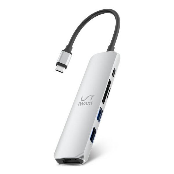 E-shop iWant USB-C HUB 6v1 HDMI/USB-C/USB-A/SD/Micro SD strieborný