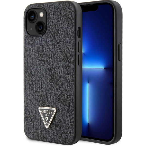 Guess PU 4G Strass Triangle Metal Logo kryt iPhone 15 čierny - Puzdra - Hlavný obrázok