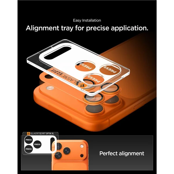 Spigen Glass TR EZ Fit Optik Pro XL sklo na fotoaparát iPhone 17 Pro Max oranžové - Ochranné fólie a sklo - Obrázok a01c4fcf5e3f4dd3a1a75a5fbd94f8c3