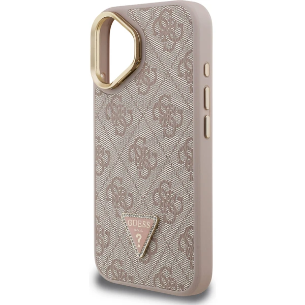 Guess PU 4G Strass Triangle Logo Stand Camera Frame MagSafe kryt iPhone 16 ružový - Puzdra - Obrázok a10792cd44e7426098a9f5ec7d716072
