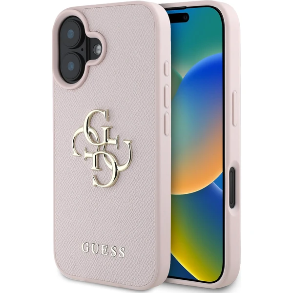 Guess PU Grained 4G Metal Logo kryt iPhone 16 ružový - Puzdra - Hlavný obrázok