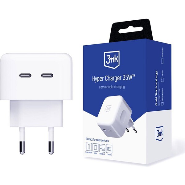 3mk Hyper Charger 35W sieťová nabíjačka, GaN, 2x USB-C (PD) biela