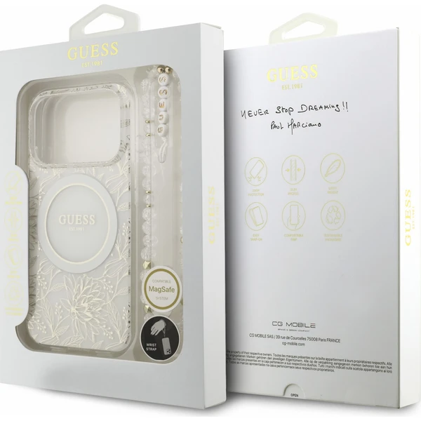 Guess IML Flowers Allover Strap MagSafe Zadný kryt pre iPhone 18 Pro White - Puzdra - Obrázok a2097a80ebfb46a6a93bec0e535474e4