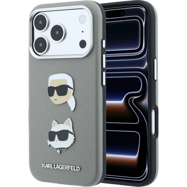Karl Lagerfeld PU Semi Wrap Saffiano K&CH Heads kryt iPhone 18 Pro Max šedý - Puzdra - Hlavný obrázok