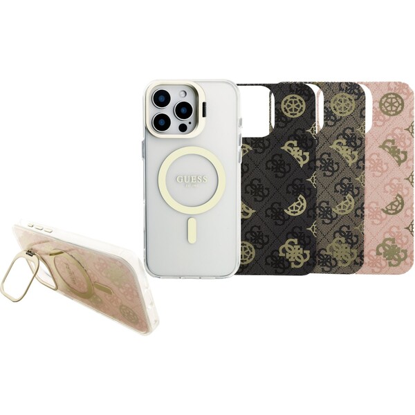 Guess PC/TPU Electroplated Stand Camera Frame MagSafe kryt s vymeniteľným pozadím iPhone 16 Pro Max