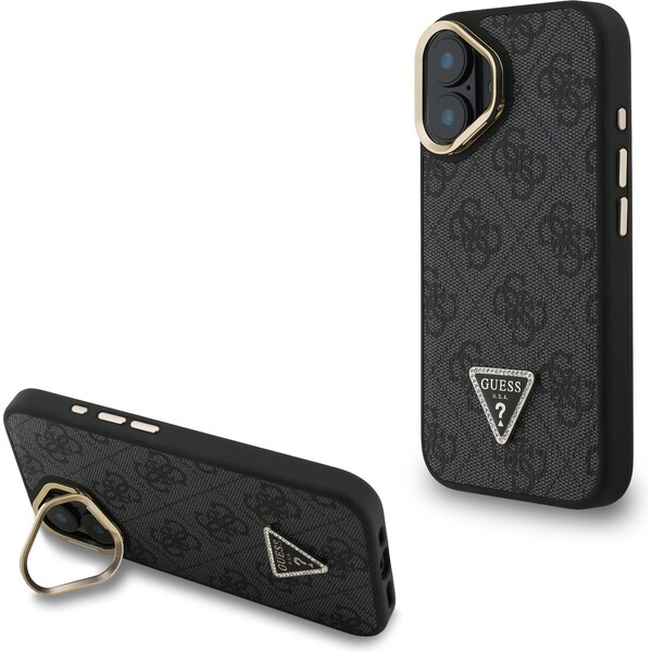 Guess PU 4G Strass Triangle Logo Stand Camera Frame MagSafe Zadný Kryt pre iPhone 16 Black