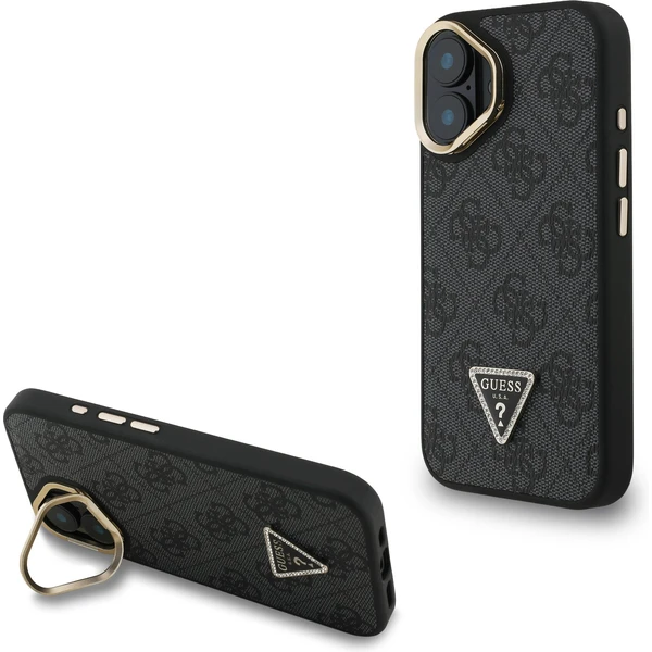 Guess PU 4G Strass Triangle Logo Stand Camera Frame MagSafe kryt iPhone 16 čierny - Puzdra - Hlavný obrázok