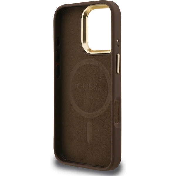 Guess PU 4G Strass Triangle Logo Stand Camera Frame MagSafe kryt iPhone 16 Pre hnedý - Puzdra - Obrázok a43c3c8530014f2d840da6fee7d5e02b
