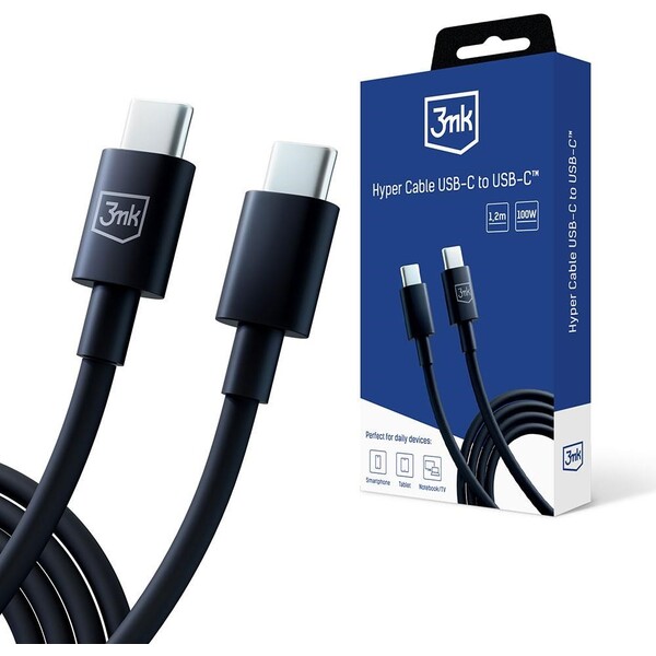 3mk Hyper Cable USB-C/USB-C dátový kábel, 100W, 1,2m čierny
