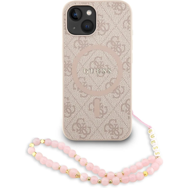 Guess PU Leather 4G Colored Ring Strap MagSafe kryt iPhone 15 ružový - Puzdra - Hlavný obrázok