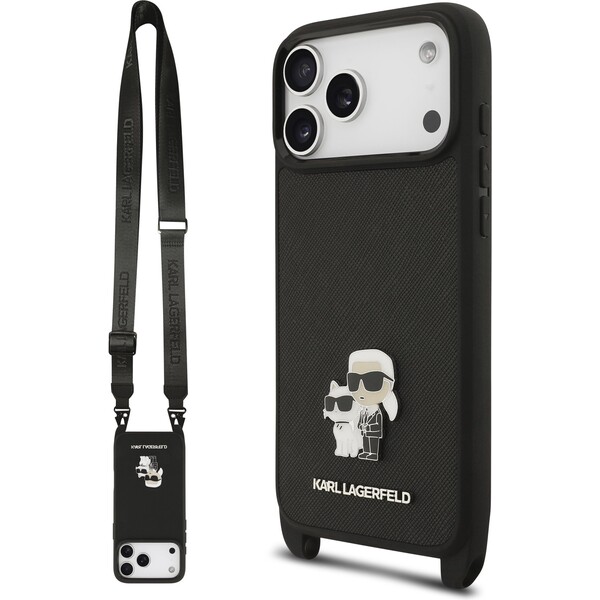 E-shop Karl Lagerfeld Saffiano Crossbody Popruh Metal Karl and Choupette kryt iPhone 17 Pro čierny