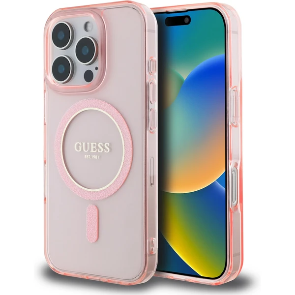 Guess IML Glitter Ring MagSafe kryt pre iPhone 16 Pre ružový - Puzdra - Hlavný obrázok
