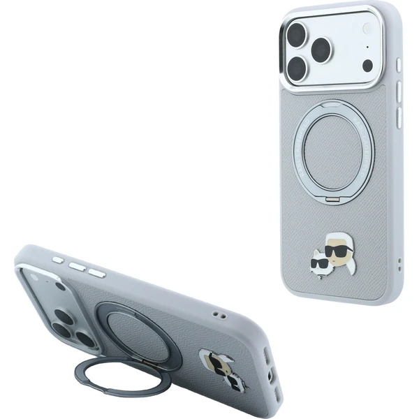 Karl Lagerfeld PU Grained K&CH Heads Ring Stand Magsafe kryt iPhone 18 Pro Max šedý - Puzdra - Hlavný obrázok