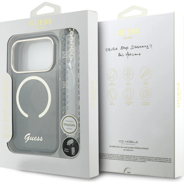 Guess IML Glitter Script Strap MagSafe kryt iPhone 17 Pro čierny - Puzdra - Obrázok aa96cd341a3d49b3a7e0983b1e8353e6