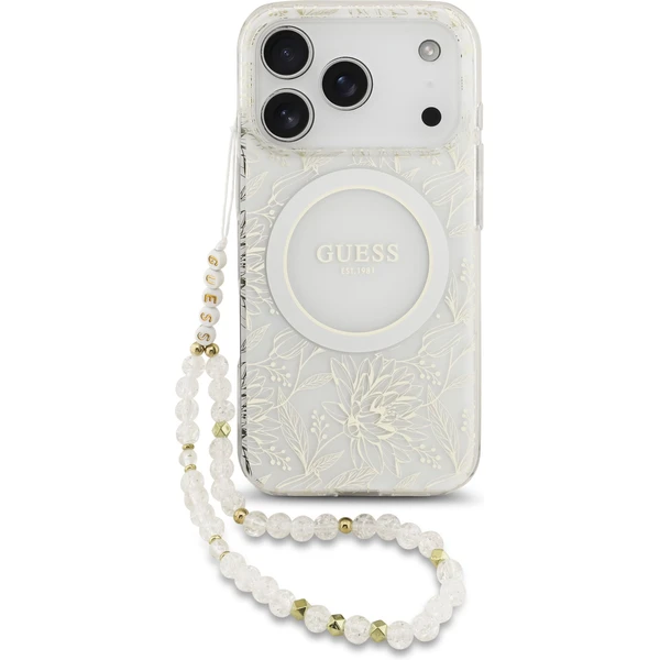 Guess IML Flowers Allover Strap MagSafe kryt iPhone 17 Pro biely - Puzdra - Hlavný obrázok