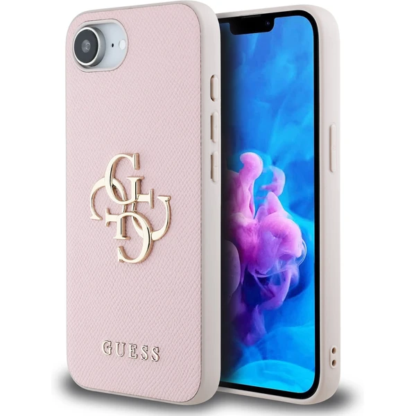 Guess PU Grained 4G Kovový kryt na iPhone 17e/16e ružový - Puzdra - Hlavný obrázok