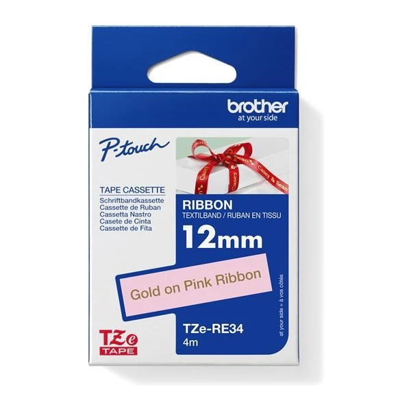 Brother TZe-RE34 textilná páska zlatá na ružovom 12 mm - Pásky pre štítkovače - Hlavný obrázok