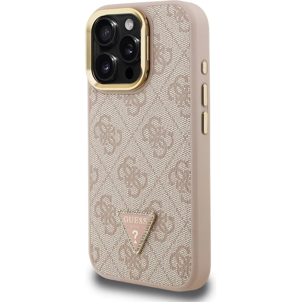 Guess PU 4G Strass Triangle Logo Stand Camera Frame MagSafe kryt iPhone 15 Pro Max ružový - Puzdra - Obrázok ac2b6eb5160d4162b0b557b33a2b41a3