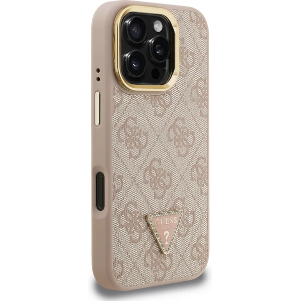 Guess PU 4G Strass Triangle Logo Stand Camera Frame MagSafe kryt iPhone 16 Pre ružový - Puzdra - Obrázok adfde1ba70f04179a5198d030585a552