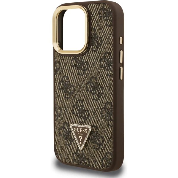 Guess PU 4G Strass Triangle Logo Stand Camera Frame MagSafe kryt iPhone 16 Pre hnedý - Puzdra - Obrázok af58362e135941e68efc7b7ca33effed