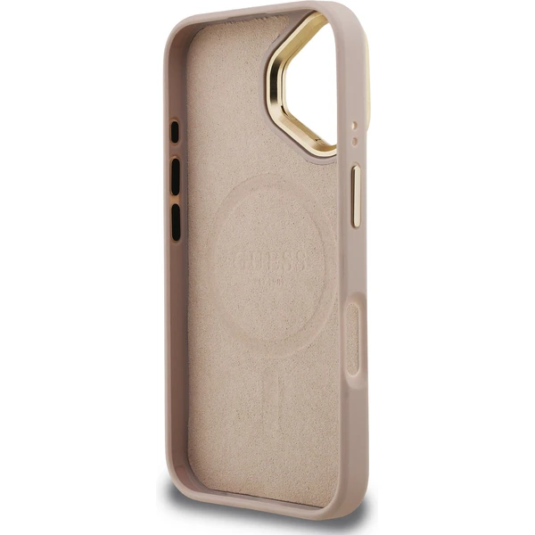 Guess PU 4G Strass Triangle Logo Stand Camera Frame MagSafe kryt iPhone 16 ružový - Puzdra - Obrázok af62abd6e8294eebaf698788e2780241