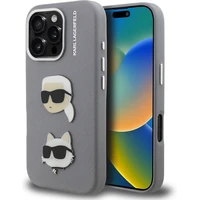 Karl Lagerfeld Grained PU K&CH Heads kryt iPhone 16 Pre sivý - Puzdra