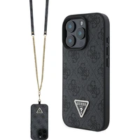 Guess PU 4G Strass Triangle Metal Logo kryt + Crossbody Popruh pre iPhone 16 Pro čierny - Puzdra