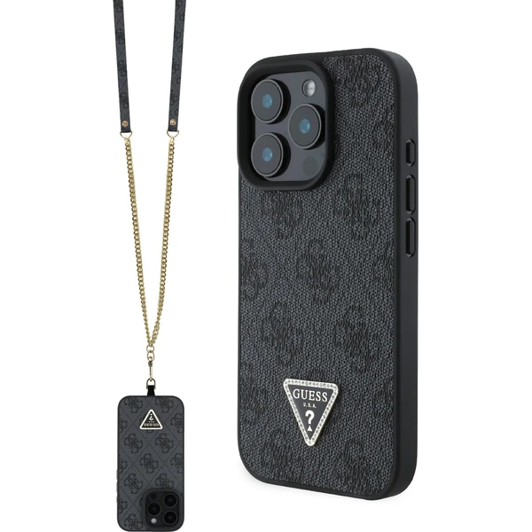 Guess PU 4G Strass Triangle Metal Logo kryt + Crossbody Popruh pre iPhone 16 Pro čierny - Puzdra - Hlavný obrázok