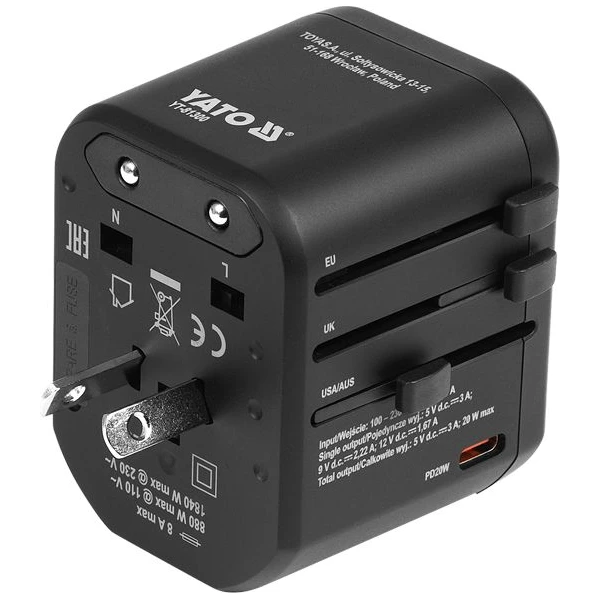Vasco Yato univerzálny cestovný adaptér, PD USB-C, QC3.0 USB-A, - Nabíjačky - Obrázok b5d23582504d4cc6bb56010a5a9ed907
