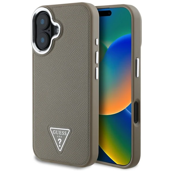 Guess PU Grained Triangle Logo kryt pre iPhone 16 hnedý - Puzdra - Hlavný obrázok