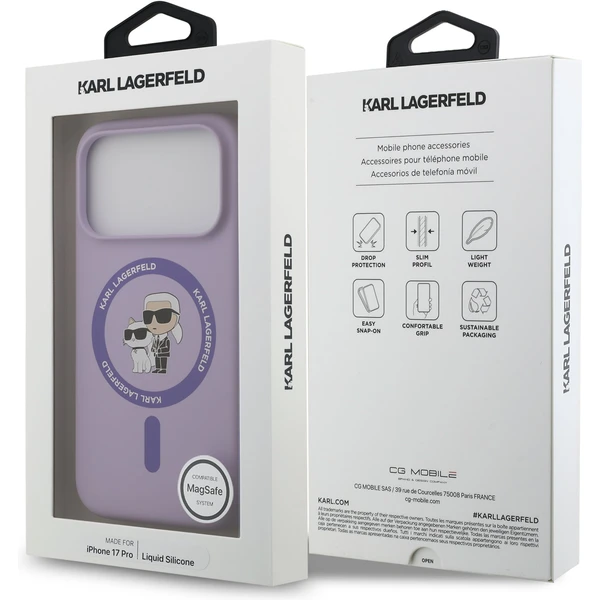 Karl Lagerfeld Liquid Silicone Karl a Choupette MagSafe kryt iPhone 17 Pro fialový - Puzdra - Obrázok b8283e6d98e94ef989f8675ae79dd818