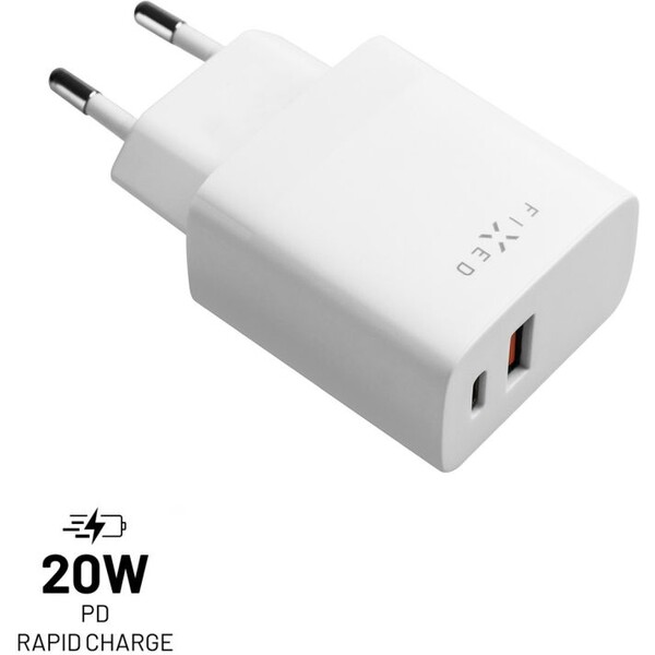 FIXED sieťová nabíjačka s USB-C a USB výstupom, podpora PD a QC 3.0, 20W, biela