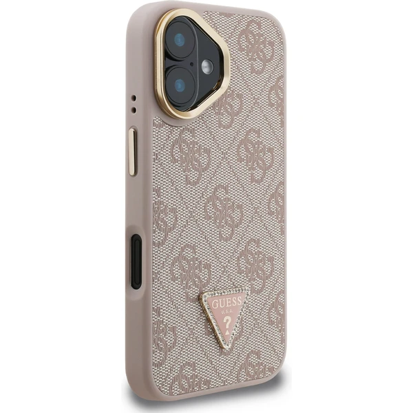 Guess PU 4G Strass Triangle Logo Stand Camera Frame MagSafe kryt iPhone 16 ružový - Puzdra - Obrázok b94ec45694474a5d997ae9aaf90a7d64