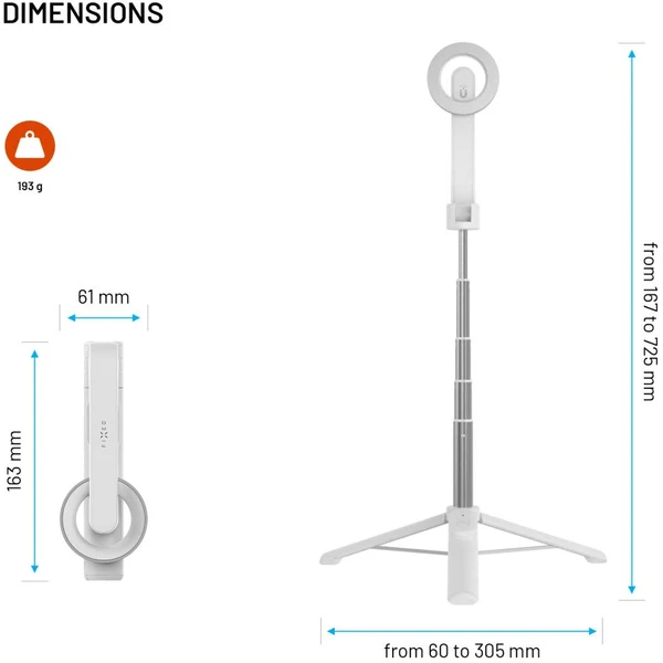 Selfie stick s tripodom FIXED MagSnap s podporou MagSafe a bezdrôtovou spúšťou, biely - Držiaky - Obrázok baa3f1b0b96b4934abde256a56955af6