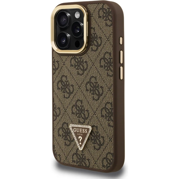 Guess PU 4G Strass Triangle Logo Stand Camera Frame MagSafe kryt iPhone 16 Pre hnedý - Puzdra - Obrázok bca71793a72941069e0577a7c074091a