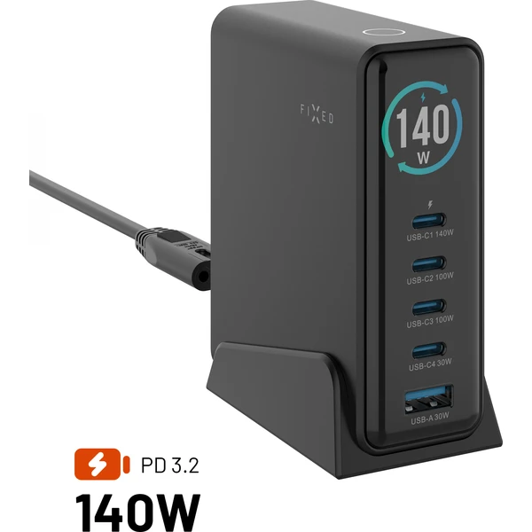 FIXED GaN nabíjecí stanice s displejem, USB-C a USB, PD 3.2 (140W) černá - Nabíjačky - Hlavný obrázok