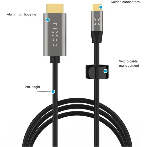 FIXED USB-C 3.1 Gen 2/HDMI HDMI 2.0 kábel, 18Gbps, 4K60HZ, 2m, sivý - Káble - Obrázok c0efaa6035f44fbea8588ba8d64ab681