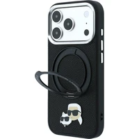 Karl Lagerfeld PU Grained K&CH Heads Ring Stand Magsafe kryt iPhone 18 Pro čierny - Puzdra
