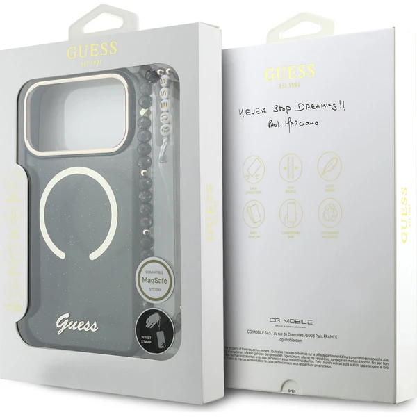 Guess IML Glitter Script Strap MagSafe kryt iPhone 17 Pro Max čierny - Puzdra - Obrázok c33f073034214b70aea5b503469104c0