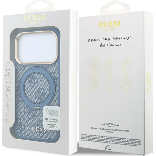 Guess PU 4G Ring Stand MagSafe Zadný kryt pre iPhone 18 Pro Blue - Puzdra - Obrázok c38dd45acfb14d8096b9ce2b1396c61a