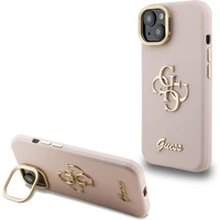 Guess PU Grained 4G Logo Stand Camera Frame kryt iPhone 15 ružový - Puzdra