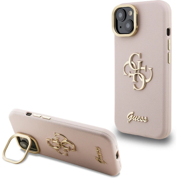 Guess PU Grained 4G Logo Stand Camera Frame kryt iPhone 15 ružový - Puzdra - Hlavný obrázok
