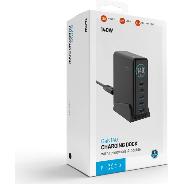 FIXED GaN nabíjecí stanice s displejem, USB-C a USB, PD 3.2 (140W) černá - Nabíjačky - Obrázok c408babf54d042fa9694d538006decf2