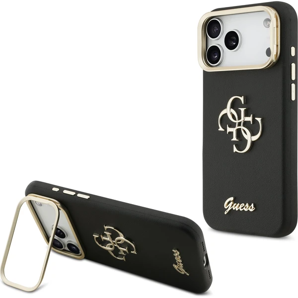 Guess PU Grained 4G Logo Stand Camera Frame kryt iPhone 17 Pro Max čierny - Puzdra - Hlavný obrázok