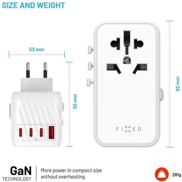 FIXED Voyager (120W) cestovný adaptér EU/UK/USA/AUS, 3xUSB-C a 1xUSB, GaN, PD, biely - Nabíjačky - Obrázok c52e5d8cd8054d5889c8e0e0f70b2e27