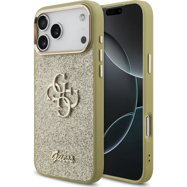 Guess PU Fixed Glitter 4G Metal Frame kryt iPhone 17 Pro Max zlatý - Puzdra - Hlavný obrázok