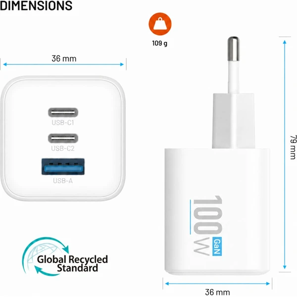 FIXED Mini GaN nabíječka s 2x USB-C a USB-A, PD, 100W, bílá - Nabíjačky - Obrázok c755cbd3e87041dabf77c89bcecedb8d